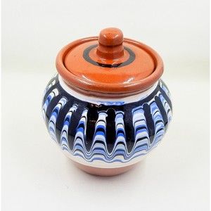 Troyan Redware Pottery Blue White Pulled Glazed Small Crock Ginger Jar Bulgaqria